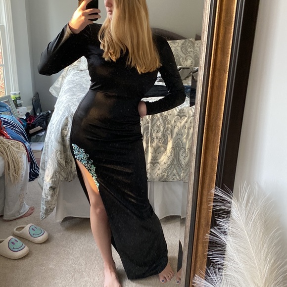 Satin Formal Dress with Sequin Accent at Thigh High Slit - Picture 13 of 13